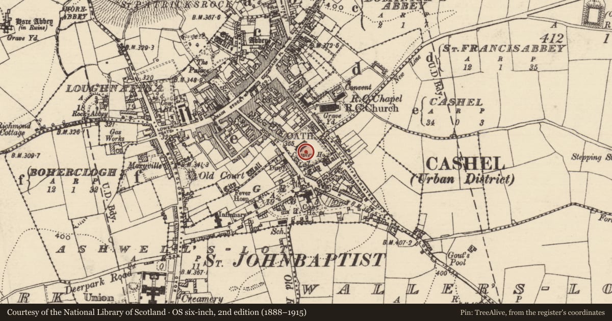 Ordnance Survey six-inch map, 2nd edition (1888–1915) covering the location of Graveyard, Cashel, County Tipperary South, with a pin at the register's coordinates