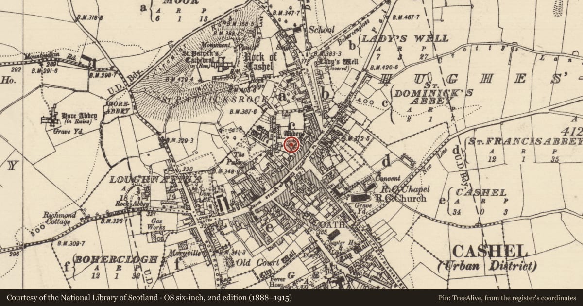 Ordnance Survey six-inch map, 2nd edition (1888–1915) covering the location of Burial, St. Dominicks Abbey, County Tipperary South, with a pin at the register's coordinates