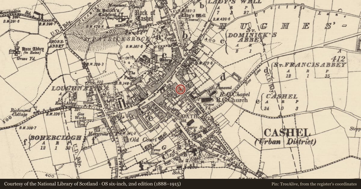 Ordnance Survey six-inch map, 2nd edition (1888–1915) covering the location of Structure, Cashel, County Tipperary South, with a pin at the register's coordinates