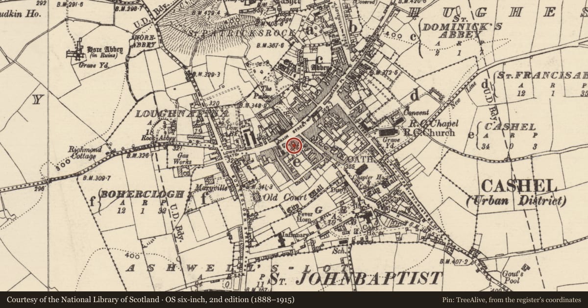 Ordnance Survey six-inch map, 2nd edition (1888–1915) covering the location of Building, Cashel, County Tipperary South, with a pin at the register's coordinates