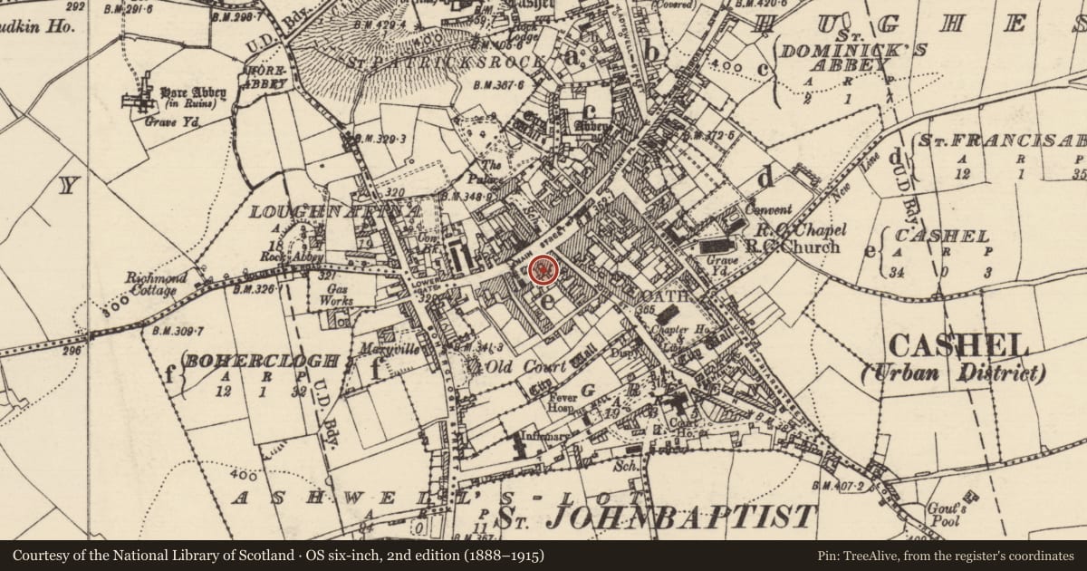 Ordnance Survey six-inch map, 2nd edition (1888–1915) covering the location of Building, Cashel, County Tipperary South, with a pin at the register's coordinates