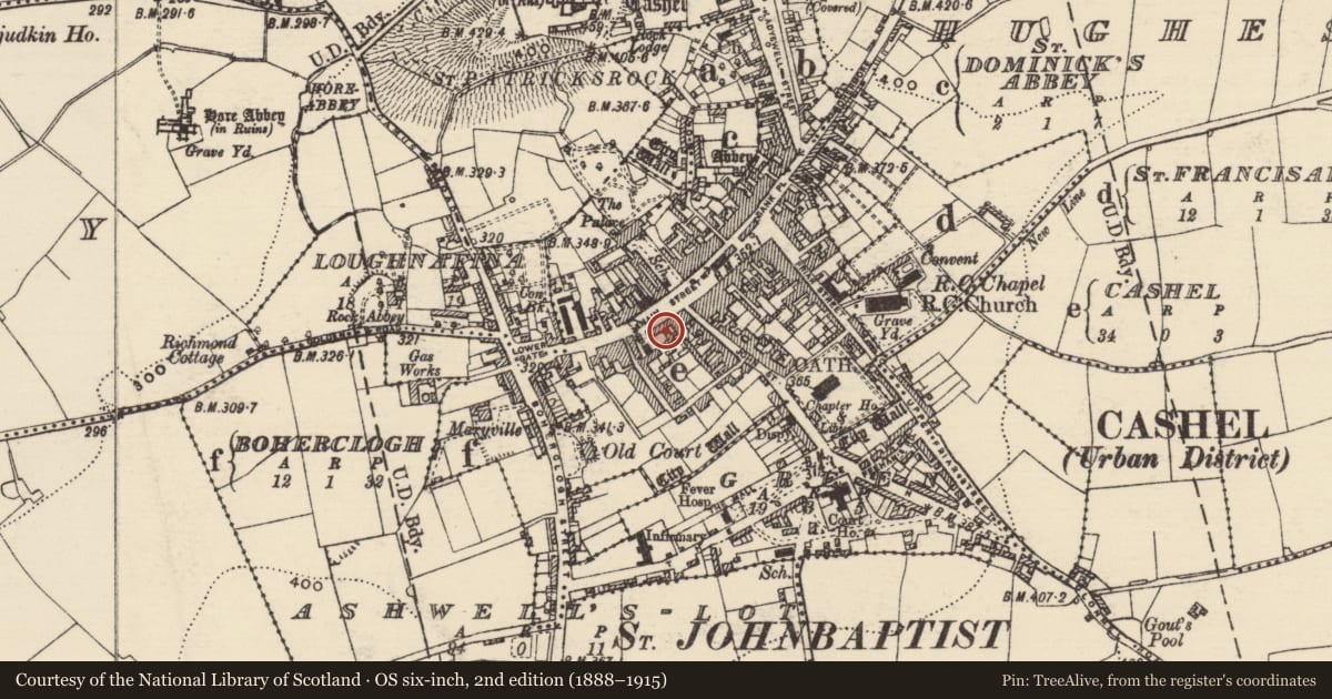 Ordnance Survey six-inch map, 2nd edition (1888–1915) covering the location of Architectural fragment, Cashel, County Tipperary South, with a pin at the register's coordinates