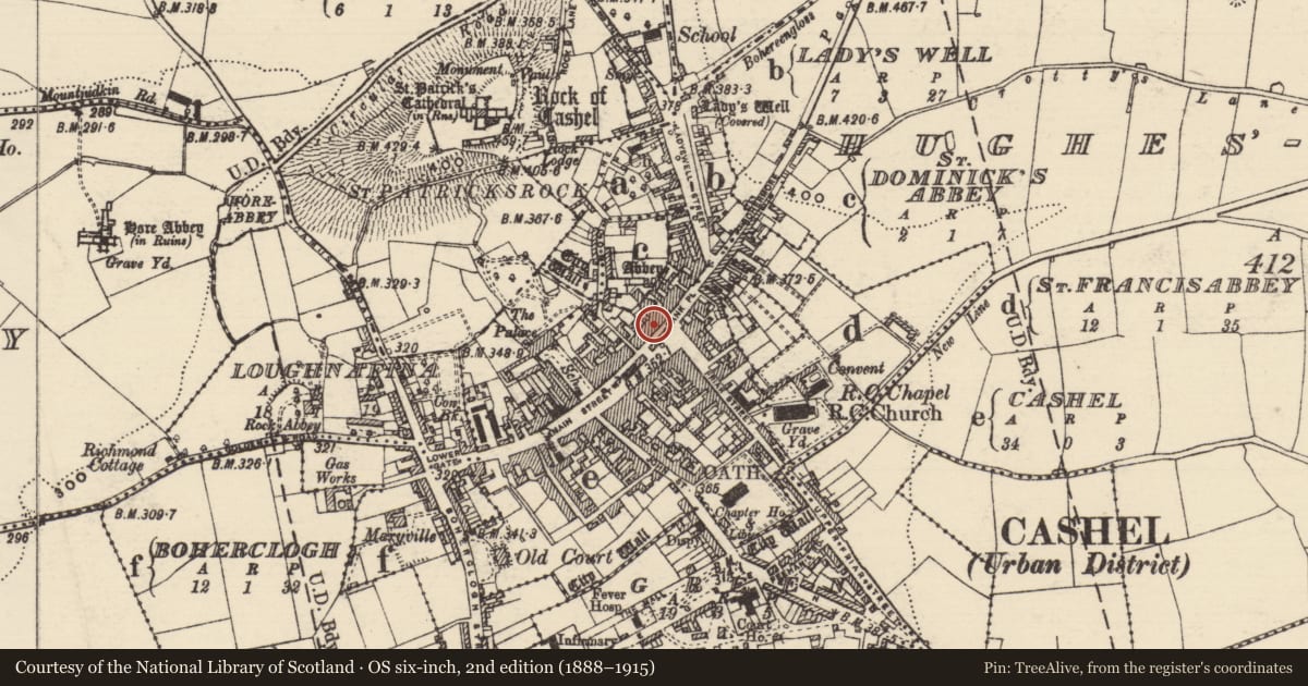 Ordnance Survey six-inch map, 2nd edition (1888–1915) covering the location of Architectural fragment, Cashel, County Tipperary South, with a pin at the register's coordinates