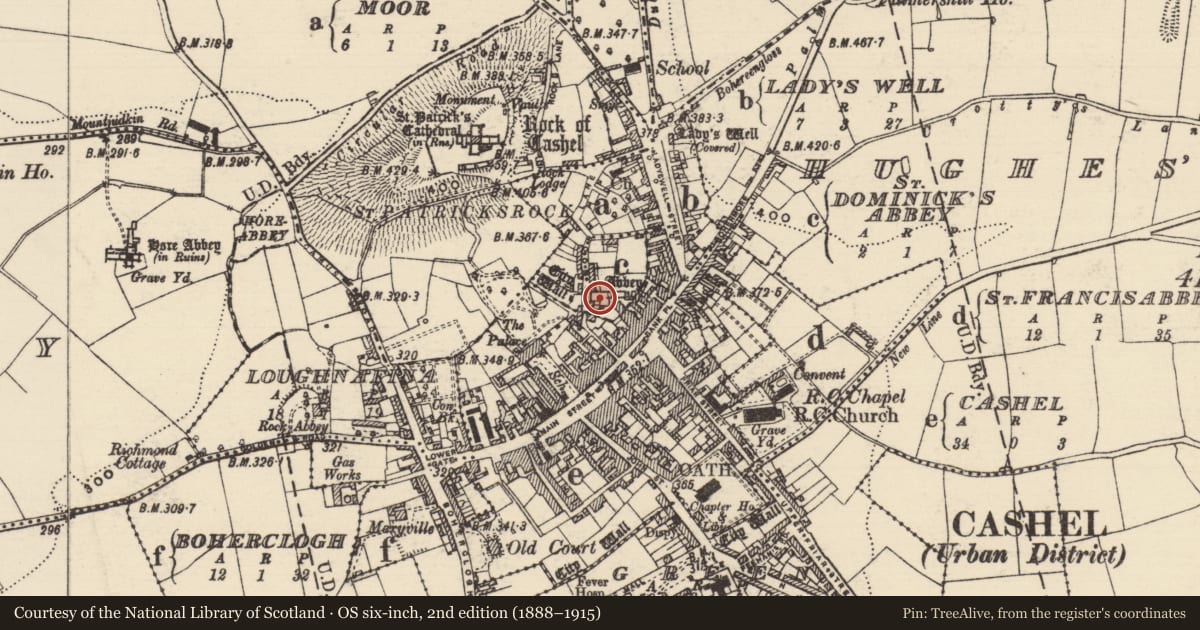 Ordnance Survey six-inch map, 2nd edition (1888–1915) covering the location of Graveyard, St. Dominicks Abbey, County Tipperary South, with a pin at the register's coordinates