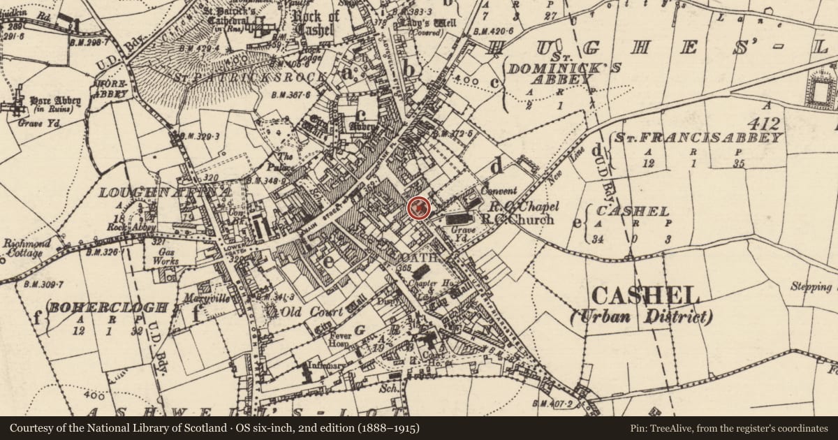 Ordnance Survey six-inch map, 2nd edition (1888–1915) covering the location of Excavation - miscellaneous, Cashel, County Tipperary South, with a pin at the register's coordinates