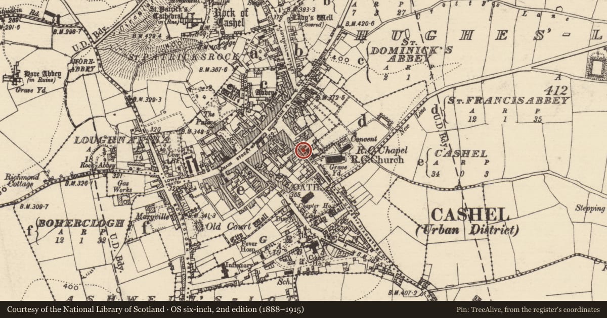 Ordnance Survey six-inch map, 2nd edition (1888–1915) covering the location of Excavation - miscellaneous, Cashel, County Tipperary South, with a pin at the register's coordinates