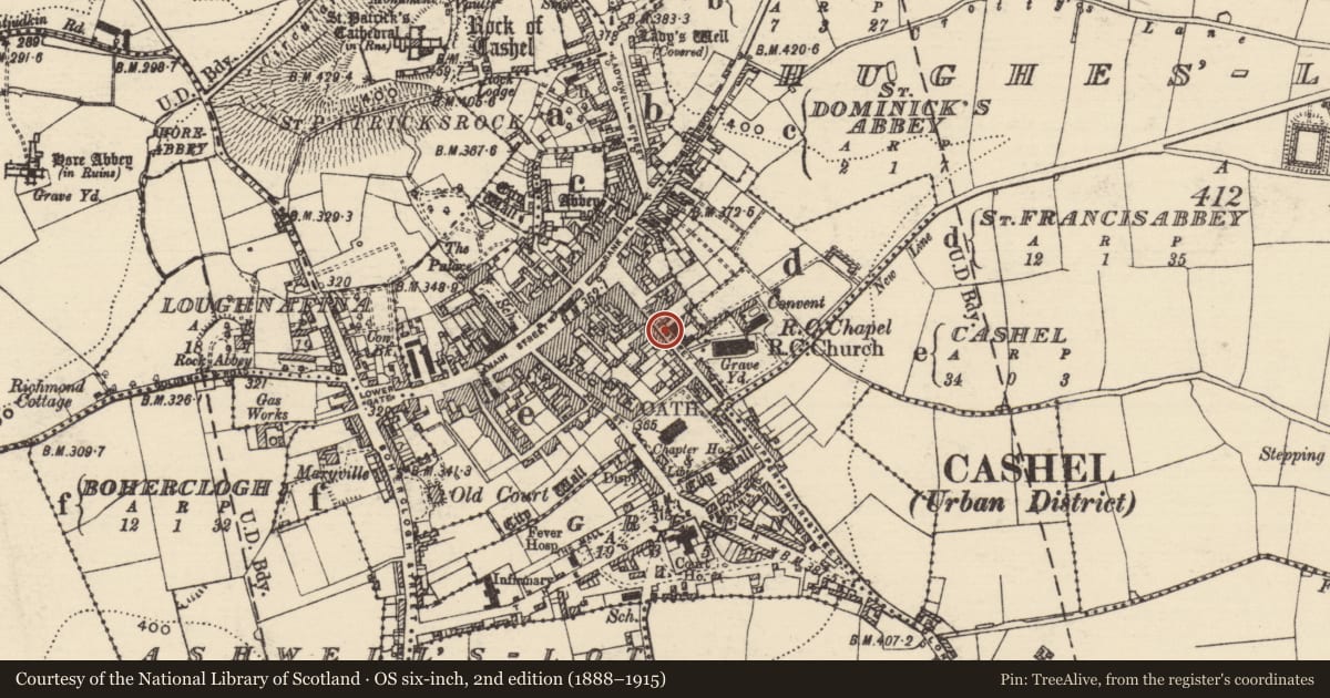 Ordnance Survey six-inch map, 2nd edition (1888–1915) covering the location of House - 17th century, Cashel, County Tipperary South, with a pin at the register's coordinates