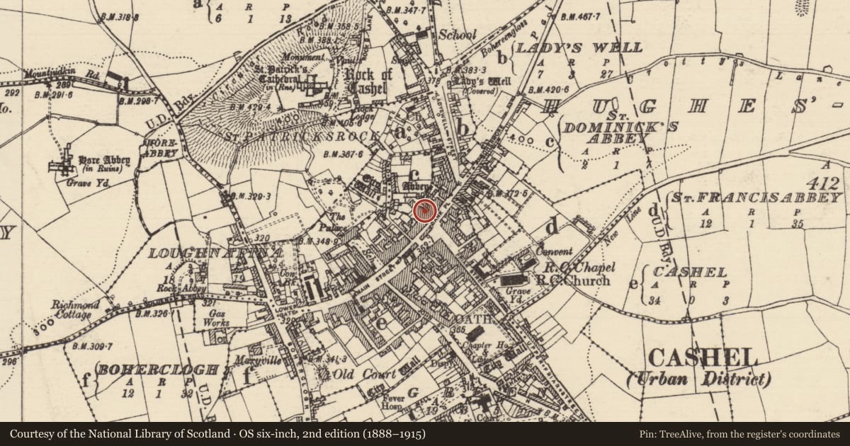 Ordnance Survey six-inch map, 2nd edition (1888–1915) covering the location of Well, Cashel, County Tipperary South, with a pin at the register's coordinates