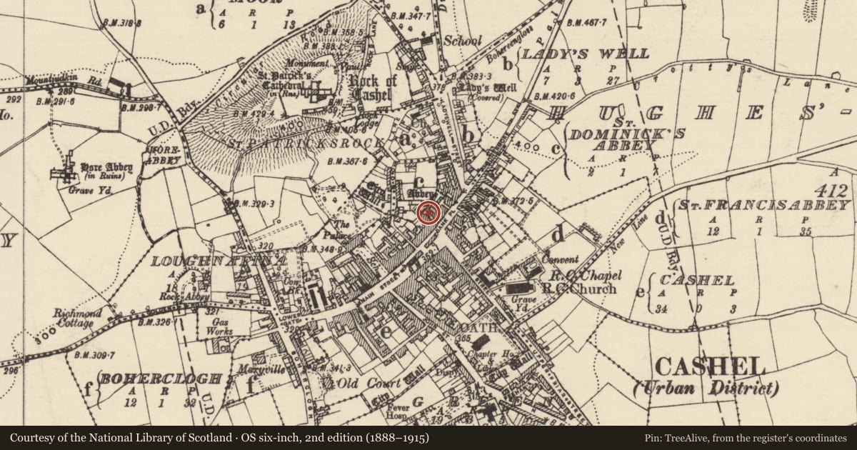 Ordnance Survey six-inch map, 2nd edition (1888–1915) covering the location of Excavation - miscellaneous, Cashel, County Tipperary South, with a pin at the register's coordinates