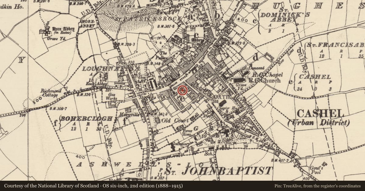 Ordnance Survey six-inch map, 2nd edition (1888–1915) covering the location of Excavation - miscellaneous, Cashel, County Tipperary South, with a pin at the register's coordinates