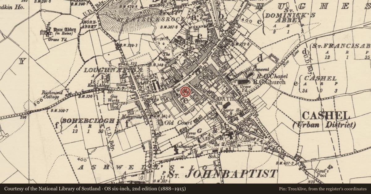 Ordnance Survey six-inch map, 2nd edition (1888–1915) covering the location of Excavation - miscellaneous, County Tipperary South, with a pin at the register's coordinates