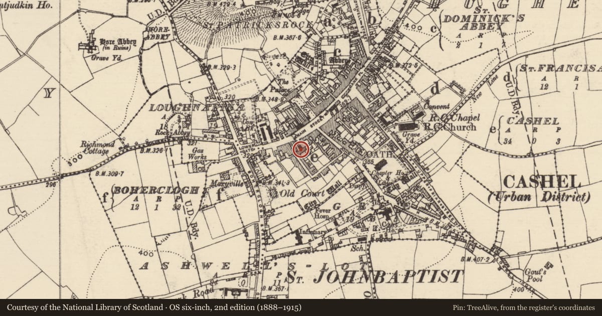 Ordnance Survey six-inch map, 2nd edition (1888–1915) covering the location of Burial ground, Cashel, County Tipperary South, with a pin at the register's coordinates