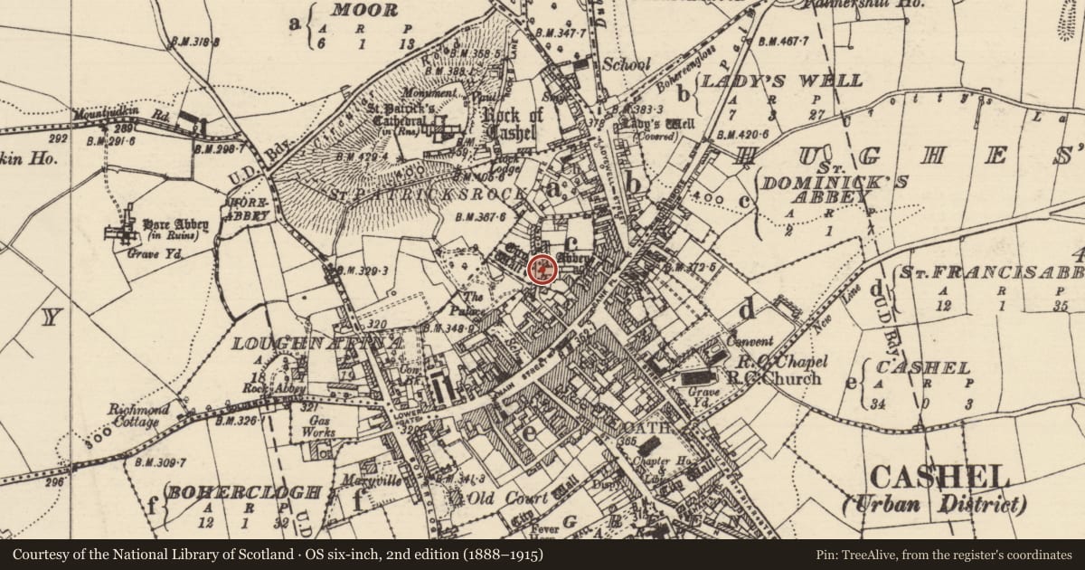 Ordnance Survey six-inch map, 2nd edition (1888–1915) covering the location of Sarcophagus, St. Dominicks Abbey, County Tipperary South, with a pin at the register's coordinates