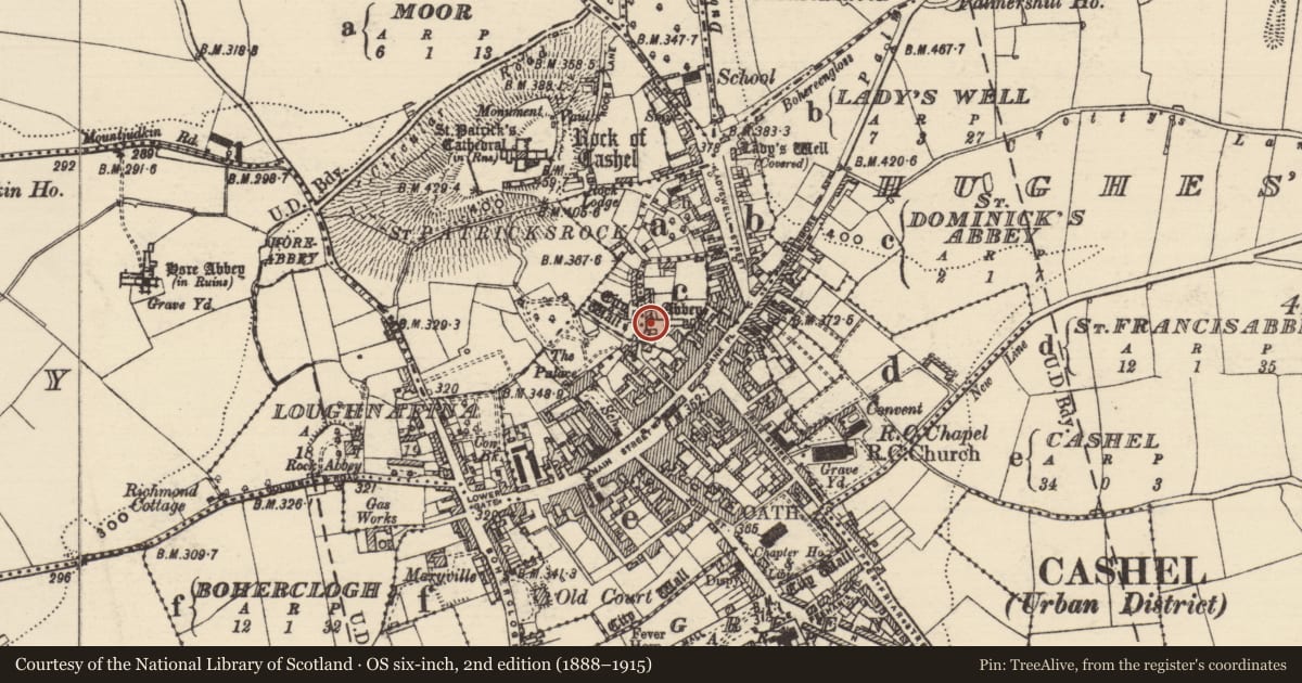 Ordnance Survey six-inch map, 2nd edition (1888–1915) covering the location of Graveslab, St. Dominicks Abbey, County Tipperary South, with a pin at the register's coordinates