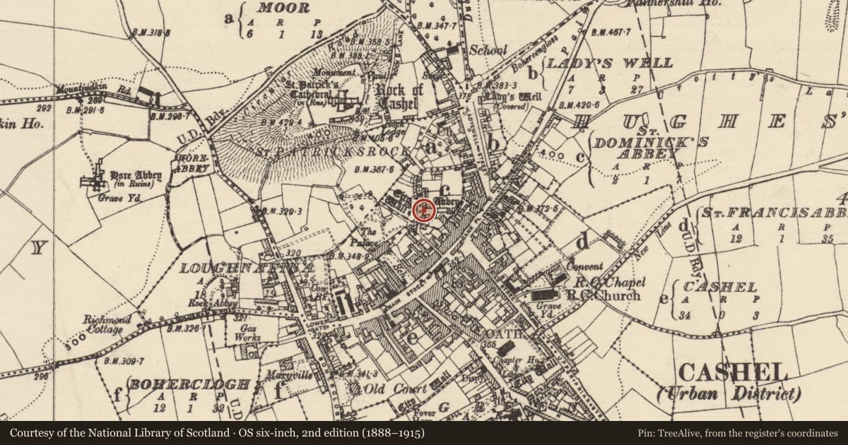 Ordnance Survey six-inch map, 2nd edition (1888–1915) covering the location of Graveslab, St. Dominicks Abbey, County Tipperary South, with a pin at the register's coordinates