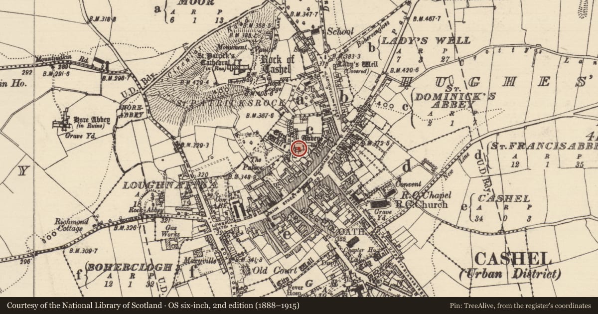 Ordnance Survey six-inch map, 2nd edition (1888–1915) covering the location of Graveslab, St. Dominicks Abbey, County Tipperary South, with a pin at the register's coordinates