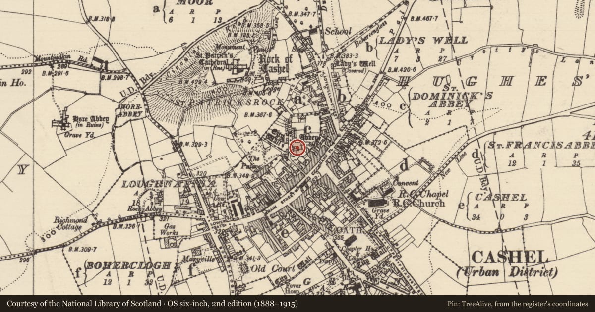Ordnance Survey six-inch map, 2nd edition (1888–1915) covering the location of Graveslab, St. Dominicks Abbey, County Tipperary South, with a pin at the register's coordinates