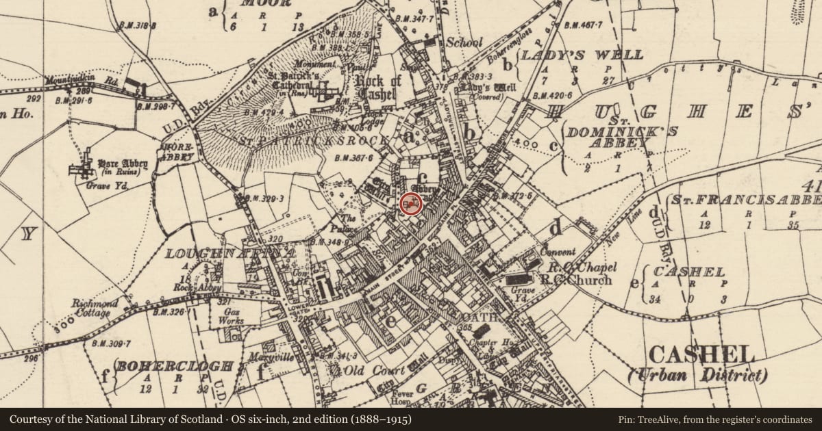 Ordnance Survey six-inch map, 2nd edition (1888–1915) covering the location of Graveslab, St. Dominicks Abbey, County Tipperary South, with a pin at the register's coordinates