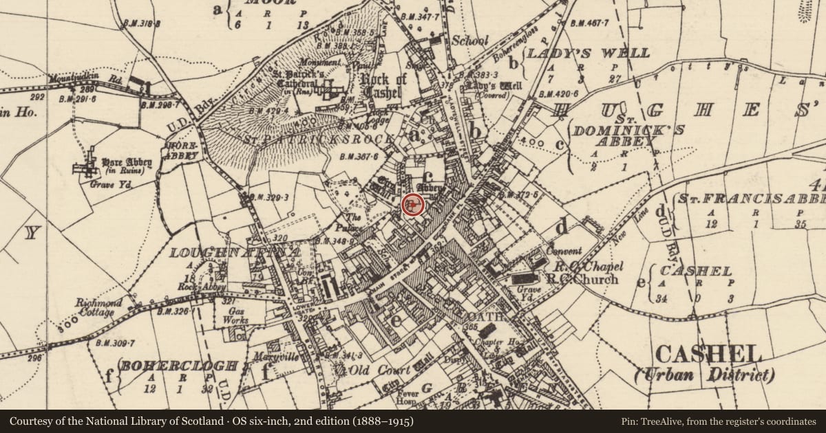 Ordnance Survey six-inch map, 2nd edition (1888–1915) covering the location of Graveslab, St. Dominicks Abbey, County Tipperary South, with a pin at the register's coordinates