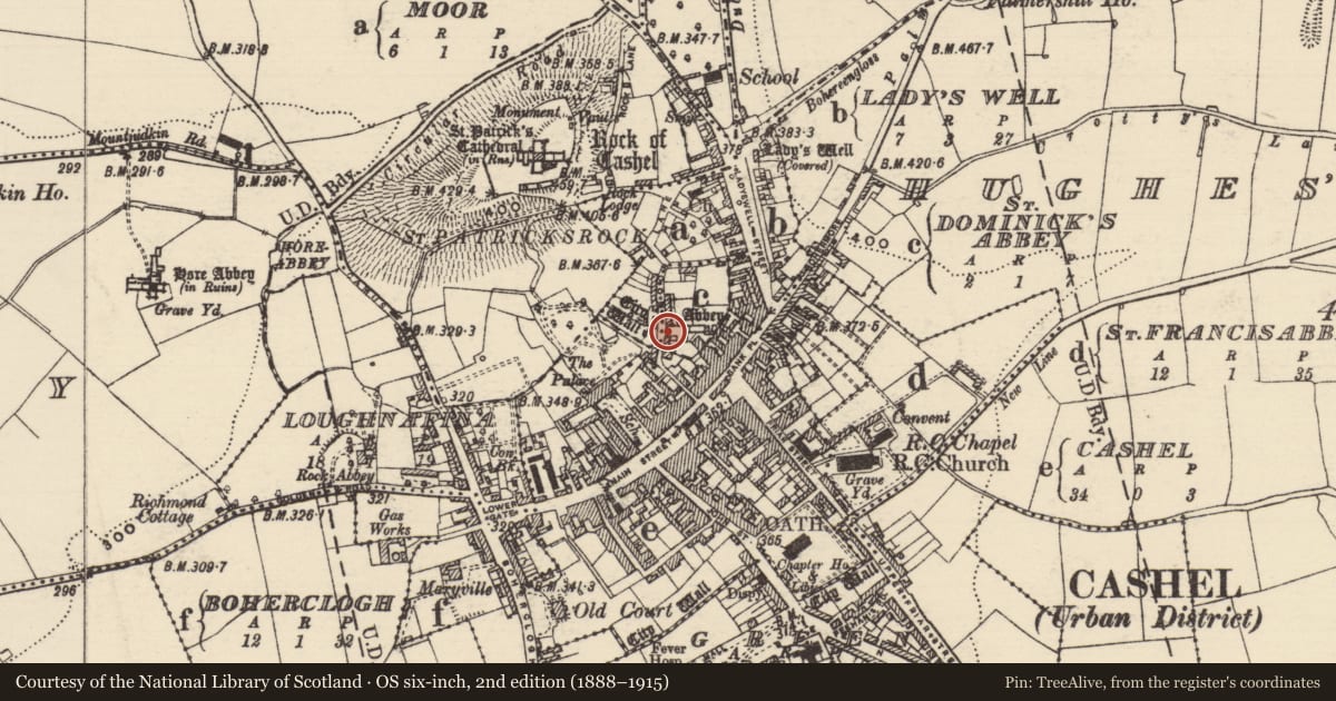Ordnance Survey six-inch map, 2nd edition (1888–1915) covering the location of Graveslab, St. Dominicks Abbey, County Tipperary South, with a pin at the register's coordinates