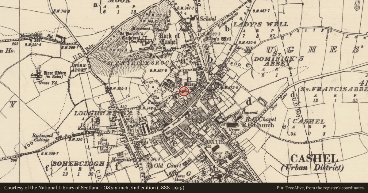 Ordnance Survey six-inch map, 2nd edition (1888–1915) covering the location of Graveslab, St. Dominicks Abbey, County Tipperary South, with a pin at the register's coordinates