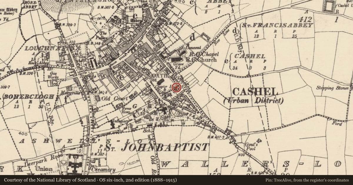 Ordnance Survey six-inch map, 2nd edition (1888–1915) covering the location of Tomb - effigial (present location), Cashel, Green, County Tipperary South, with a pin at the register's coordinates