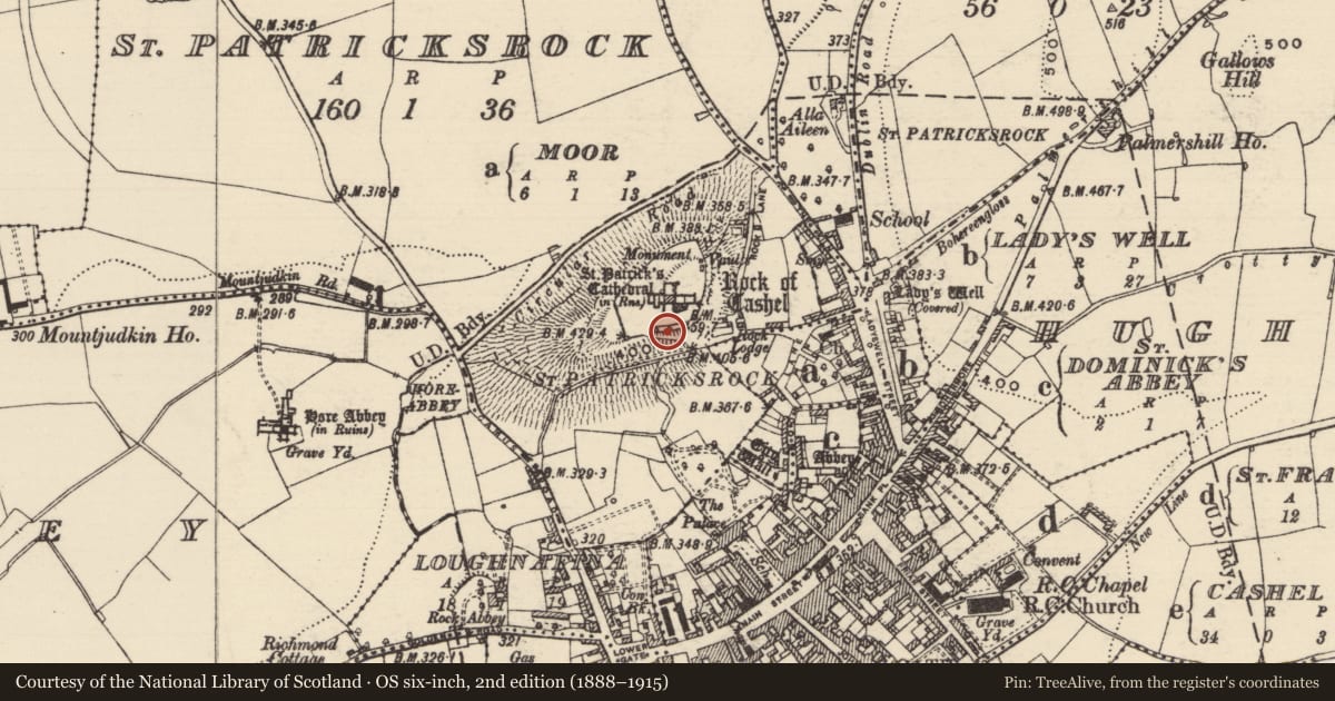 Ordnance Survey six-inch map, 2nd edition (1888–1915) covering the location of Tomb - effigial (present location), St. Patricksrock, County Tipperary South, with a pin at the register's coordinates