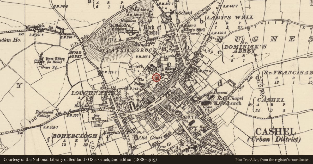 Ordnance Survey six-inch map, 2nd edition (1888–1915) covering the location of Architectural fragment, Cashel, County Tipperary South, with a pin at the register's coordinates