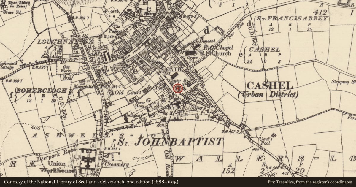 Ordnance Survey six-inch map, 2nd edition (1888–1915) covering the location of Tomb - effigial (present location), Cashel, Green, County Tipperary South, with a pin at the register's coordinates