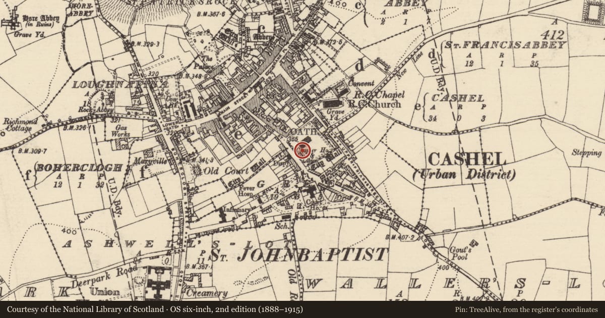 Ordnance Survey six-inch map, 2nd edition (1888–1915) covering the location of Tomb - chest tomb, Cashel, County Tipperary South, with a pin at the register's coordinates