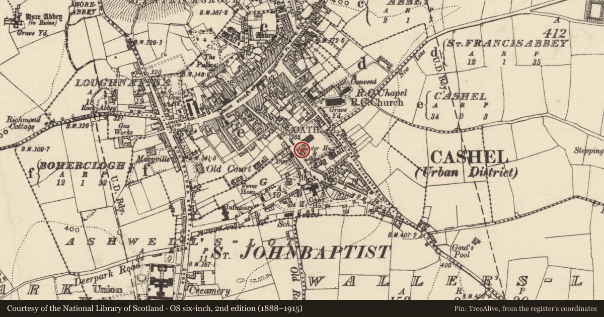 Ordnance Survey six-inch map, 2nd edition (1888–1915) covering the location of Graveslab, Cashel, County Tipperary South, with a pin at the register's coordinates