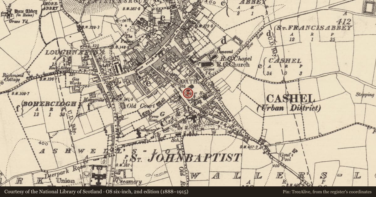 Ordnance Survey six-inch map, 2nd edition (1888–1915) covering the location of Graveslab, Cashel, County Tipperary South, with a pin at the register's coordinates