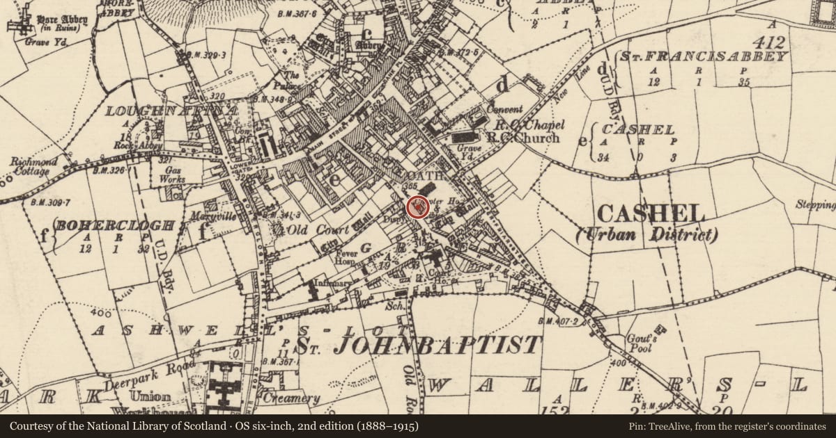 Ordnance Survey six-inch map, 2nd edition (1888–1915) covering the location of Graveslab, Cashel, County Tipperary South, with a pin at the register's coordinates