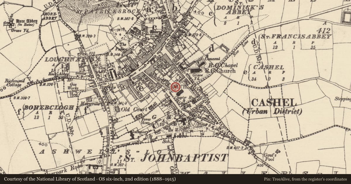 Ordnance Survey six-inch map, 2nd edition (1888–1915) covering the location of Graveslab, Cashel, County Tipperary South, with a pin at the register's coordinates
