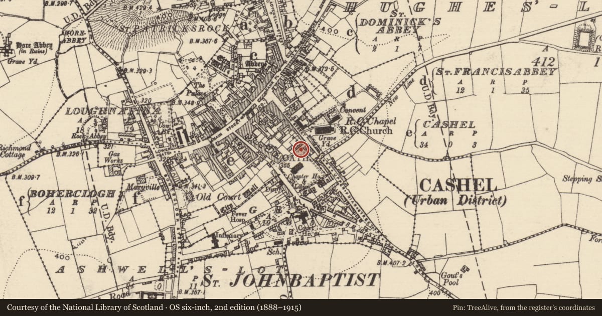 Ordnance Survey six-inch map, 2nd edition (1888–1915) covering the location of Architectural fragment, Cashel, County Tipperary South, with a pin at the register's coordinates