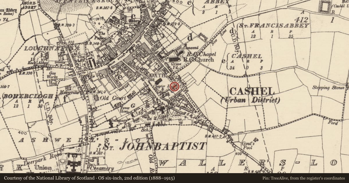 Ordnance Survey six-inch map, 2nd edition (1888–1915) covering the location of Architectural fragment, Cashel, County Tipperary South, with a pin at the register's coordinates