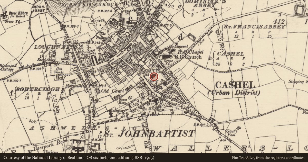 Ordnance Survey six-inch map, 2nd edition (1888–1915) covering the location of Font, Cashel, County Tipperary South, with a pin at the register's coordinates
