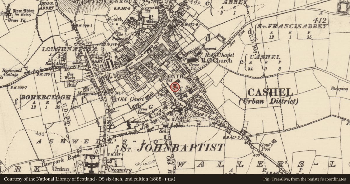 Ordnance Survey six-inch map, 2nd edition (1888–1915) covering the location of Graveslab, Cashel, County Tipperary South, with a pin at the register's coordinates