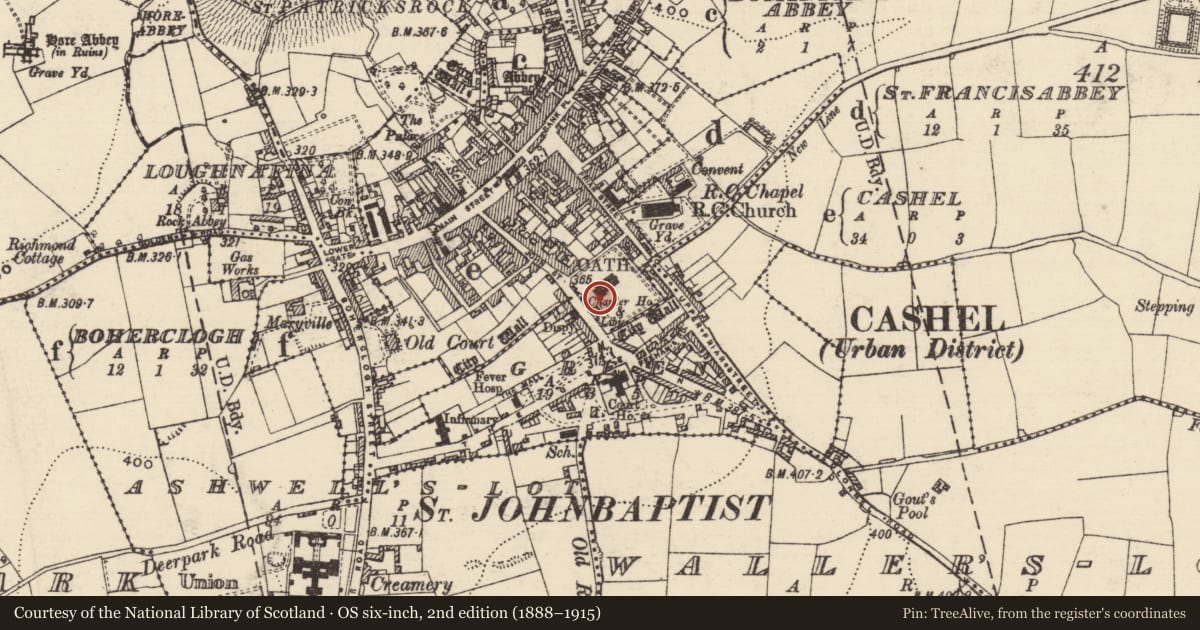 Ordnance Survey six-inch map, 2nd edition (1888–1915) covering the location of Wall monument, Cashel, County Tipperary South, with a pin at the register's coordinates