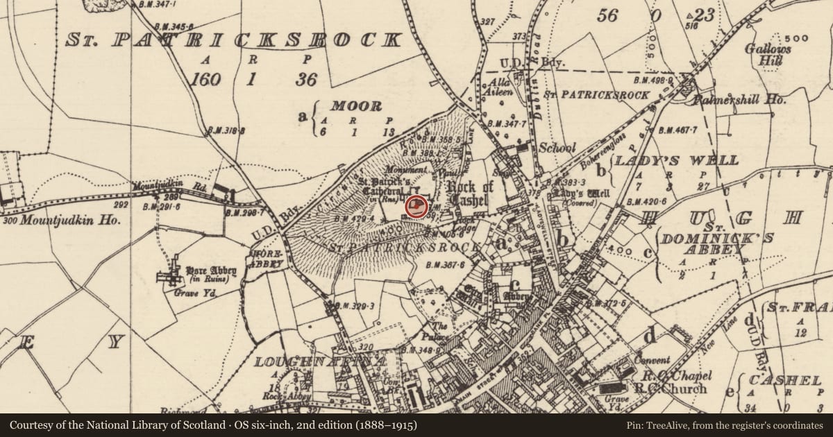 Ordnance Survey six-inch map, 2nd edition (1888–1915) covering the location of Wall monument, St. Patricksrock, County Tipperary South, with a pin at the register's coordinates