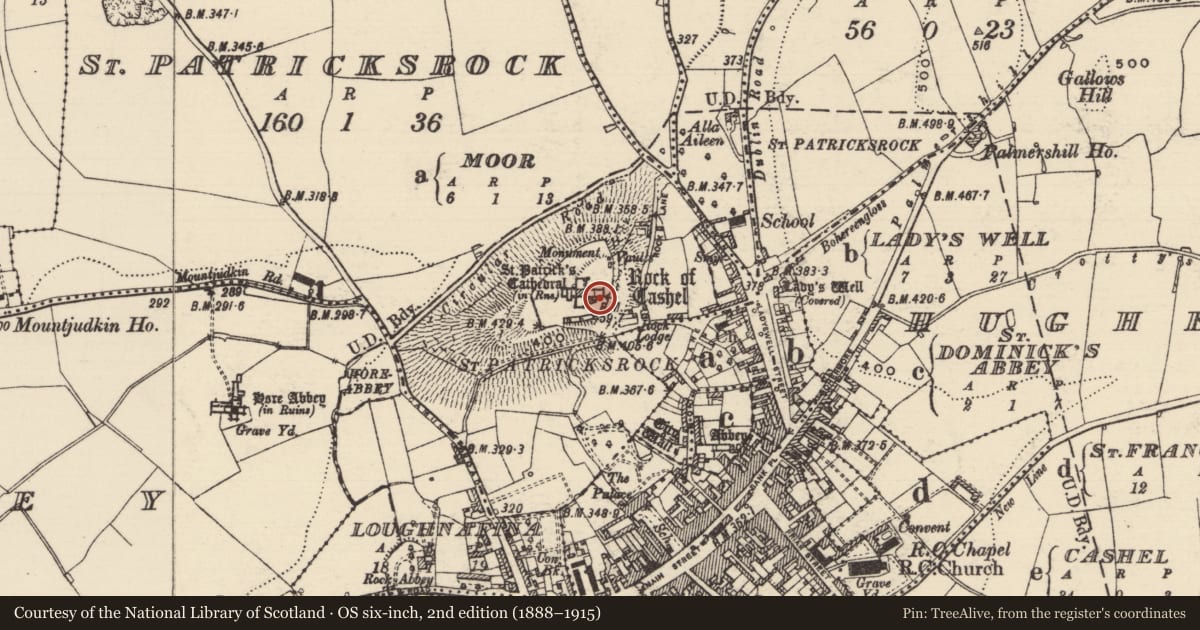 Ordnance Survey six-inch map, 2nd edition (1888–1915) covering the location of Graveslab, St. Patricksrock, County Tipperary South, with a pin at the register's coordinates