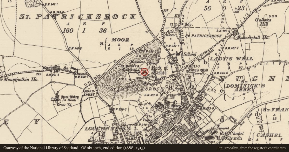 Ordnance Survey six-inch map, 2nd edition (1888–1915) covering the location of Graveslab, St. Patricksrock, County Tipperary South, with a pin at the register's coordinates