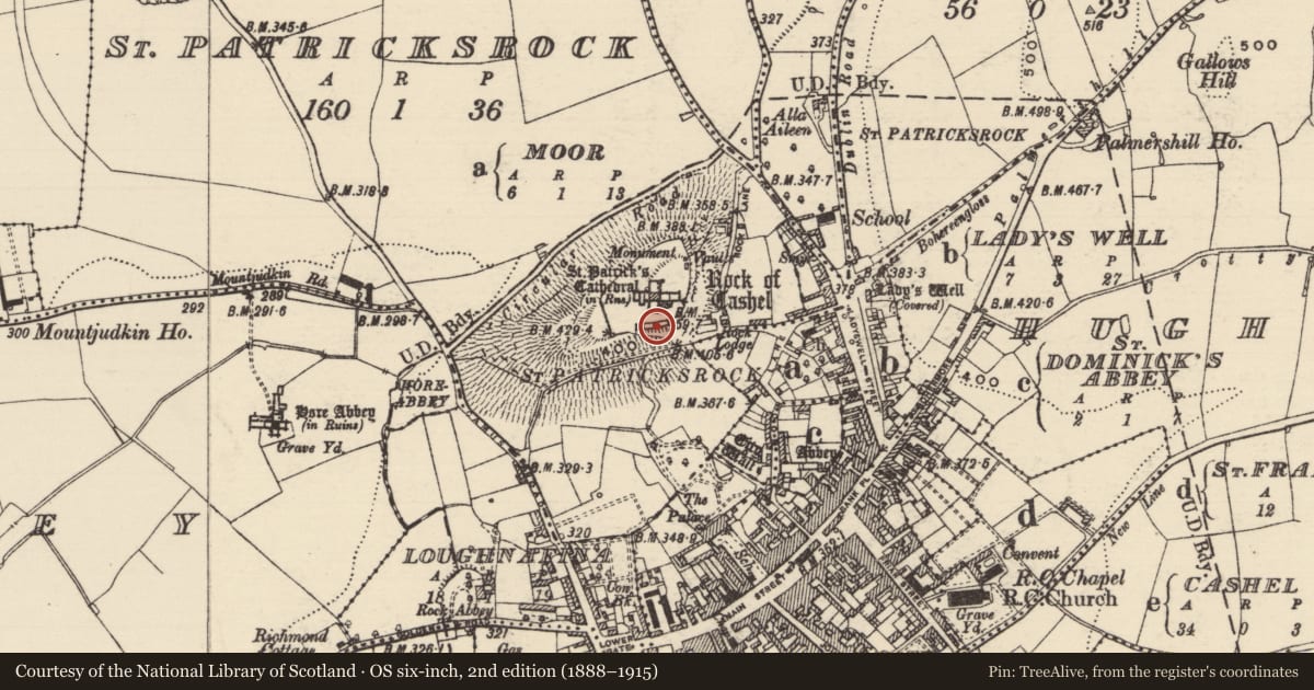 Ordnance Survey six-inch map, 2nd edition (1888–1915) covering the location of Tomb - effigial, St. Patricksrock, County Tipperary South, with a pin at the register's coordinates