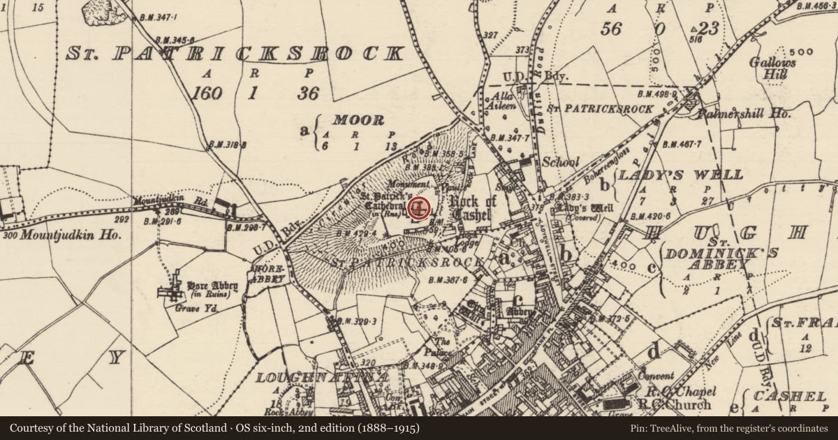 Ordnance Survey six-inch map, 2nd edition (1888–1915) covering the location of Tomb - chest tomb, St. Patricksrock, County Tipperary South, with a pin at the register's coordinates