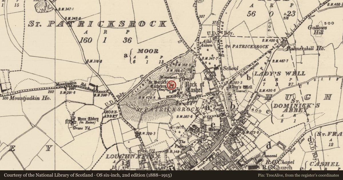 Ordnance Survey six-inch map, 2nd edition (1888–1915) covering the location of Tomb - effigial, St. Patricksrock, County Tipperary South, with a pin at the register's coordinates
