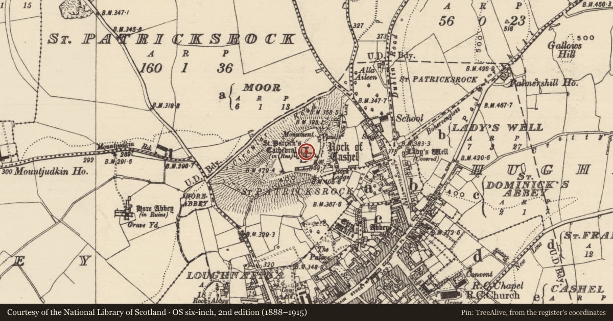 Ordnance Survey six-inch map, 2nd edition (1888–1915) covering the location of Tomb - chest tomb, St. Patricksrock, County Tipperary South, with a pin at the register's coordinates