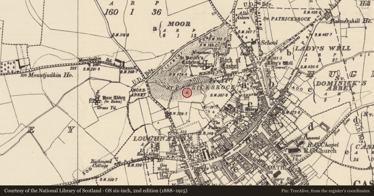 Ordnance Survey six-inch map, 2nd edition (1888–1915) covering the location of Mound, St. Patricksrock, County Tipperary South, with a pin at the register's coordinates