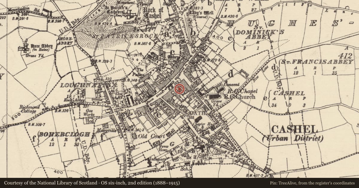 Ordnance Survey six-inch map, 2nd edition (1888–1915) covering the location of Architectural fragment, Cashel, County Tipperary South, with a pin at the register's coordinates