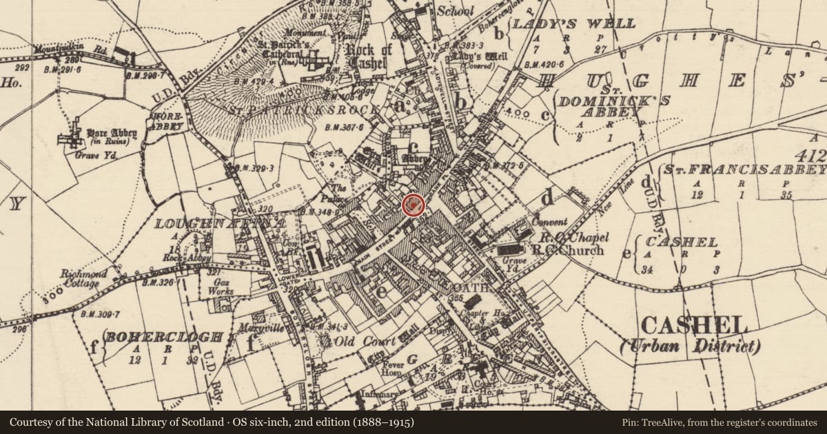 Ordnance Survey six-inch map, 2nd edition (1888–1915) covering the location of House - 16th/17th century, Cashel, County Tipperary South, with a pin at the register's coordinates