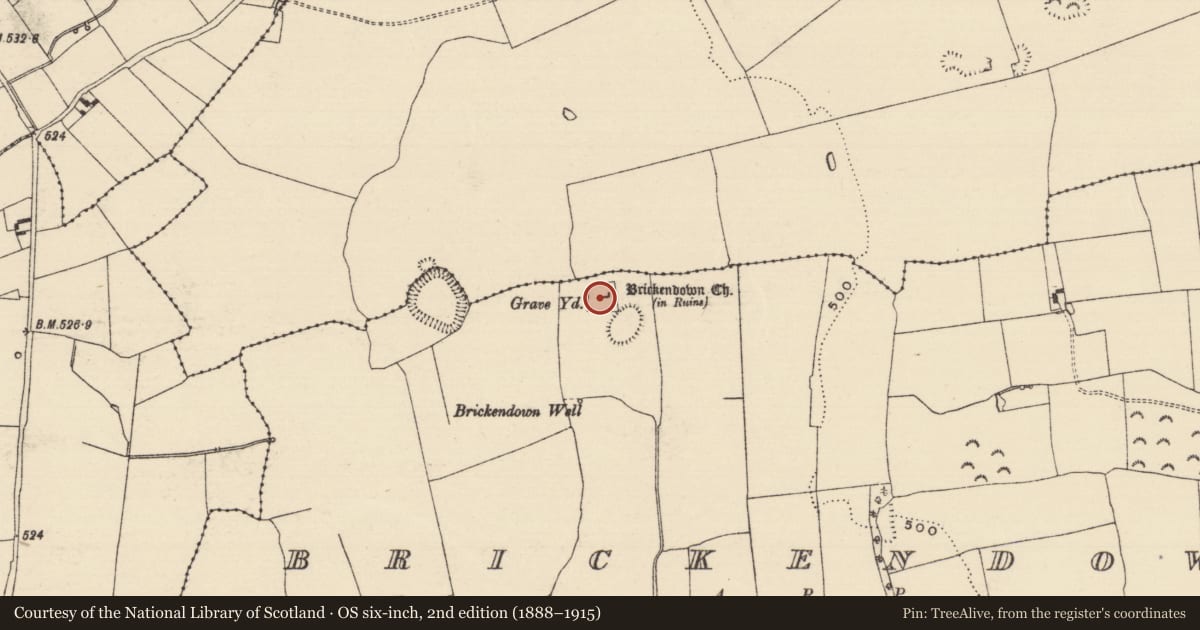 Ordnance Survey six-inch map, 2nd edition (1888–1915) covering the location of Church, Brickendown, County Tipperary South, with a pin at the register's coordinates